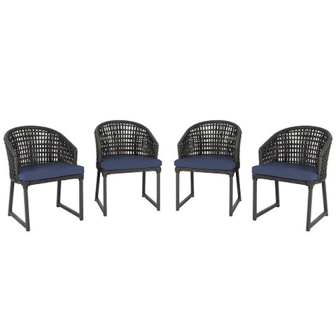 4 Cadeira Noronha Aluminio Micro Pintura Preta, Tr. Telinha Corda Nautica Preta, Estofado - Azul