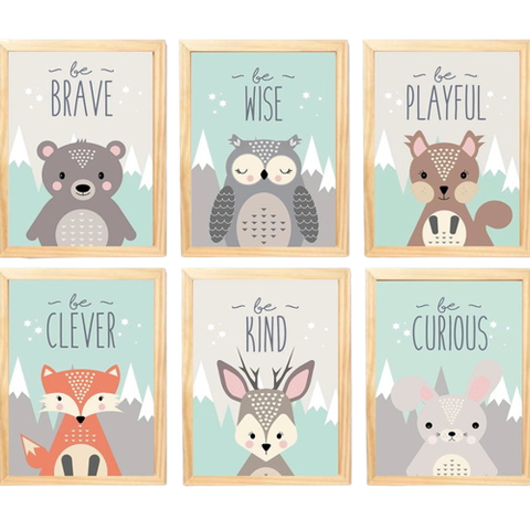 Quadro Infantil animais 6 un A4 vidro e pendurador