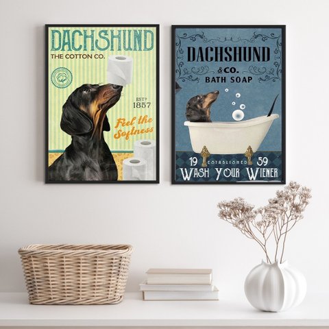 Kit 2 Quadros Banheiro Vintage - Dachshund 33x24cm - com Vidro:madeira Branca