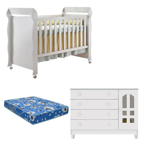 Berço Americano Mirelle e Cômoda Infantil Gran Selena Branco Brilho com Colchão Ortobom -