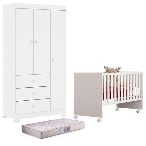 Berço Nacional Doce Sonho 3540 e Guarda Roupa Duda 3 Portas Branco Brilho com Colchão Gazin – Phoeni