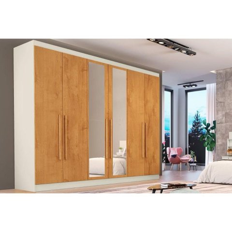 Guarda Roupa Casal 6 Portas (2 C/ Espelho) e 6 Gavetas Oslo Off White/peroba - Europa