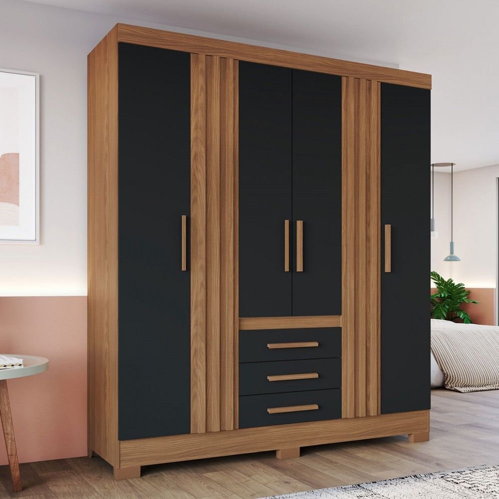 Guarda-roupa Casal B375 4 Portas 3 Gavetas Ripado Nature/preto Hp