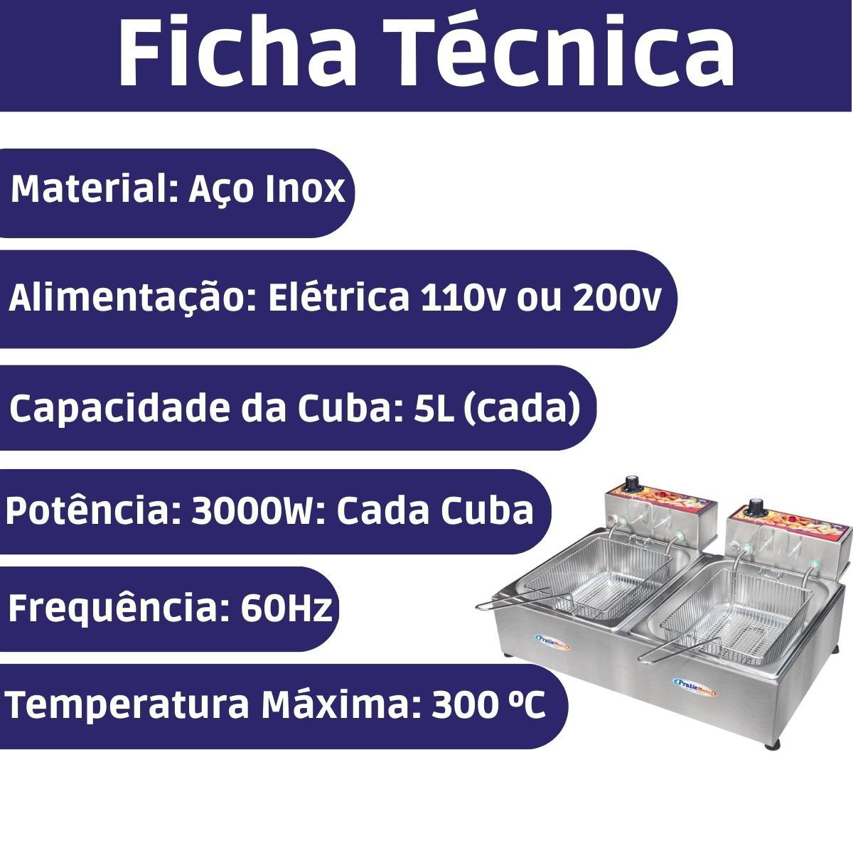 Fritadeira Elétrica Industrial Inox 2 Cubas 5 Litros com Cesto:220v - 3