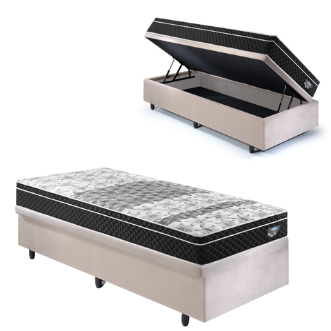 Cama Box Solteiro com Baú 88x188 com Colchão Gransleep Ecoflex Molas Verticoil Suede