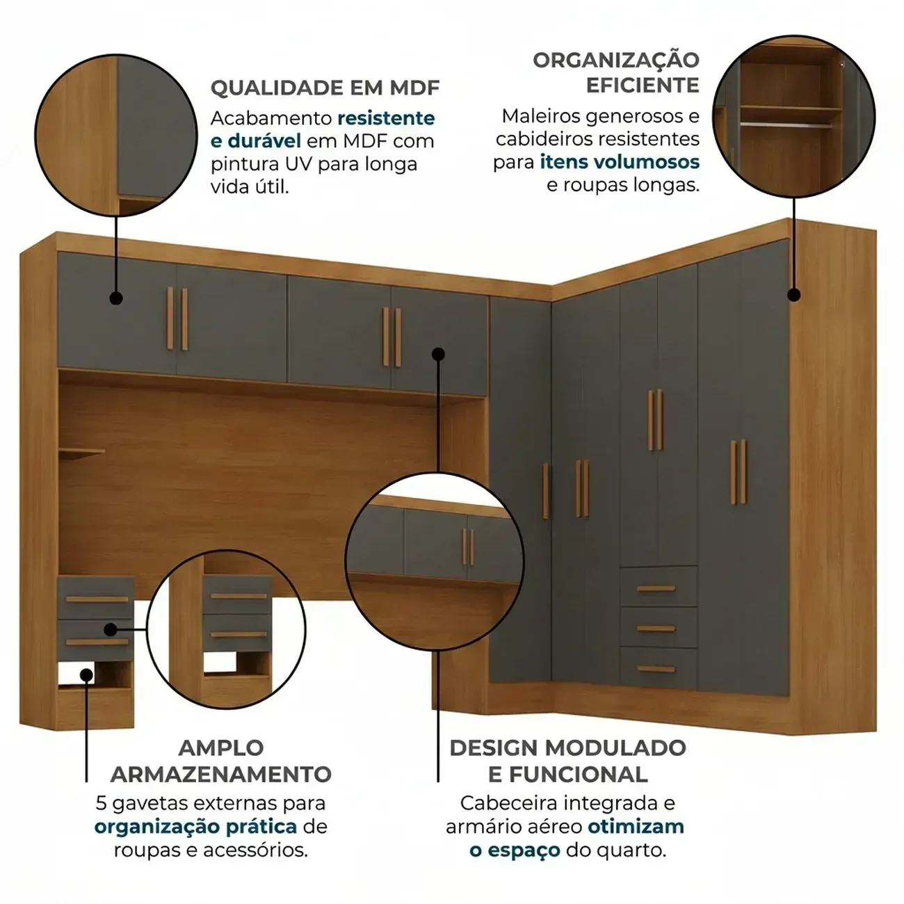 Ver imagem 5 de Guarda Roupa Casal Modulado 11 Portas 5 Gavetas com Cabeceira 100% MDF Imperial Yescasa Cinamomo/Chumbo