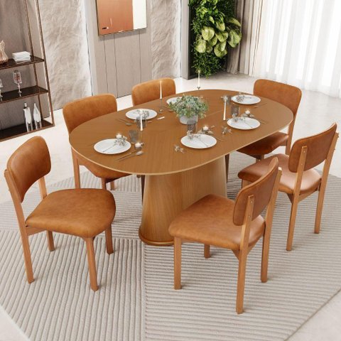 Mesa para Sala de Jantar Valência com 06 Cadeiras Sala de Jantar Dara L02 Couríssimo Canela - Lyam
