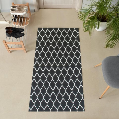 Tapete Passadeira 1,35M X 50CM Arabesco Antiderrapante Preto/Branco