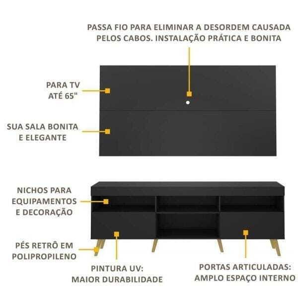 Rack com Painel para TV até 65 Polegadas e Pés Retrô Flórida Multimóveis Preto/Natural - 4
