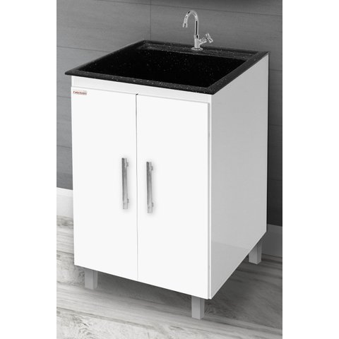 kit Lavanderia 40 litros com Apoio - Gabinete MDF e Tanque Mármore Sintético - Fabribam Gabinetes