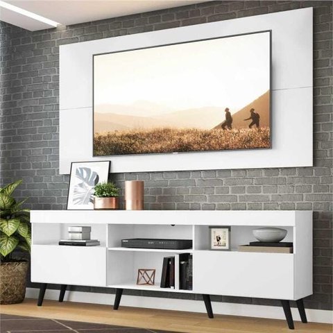 Rack com Painel para TV até 65 Polegadas e Pés Retrô Flórida Multimóveis Branco/Preto