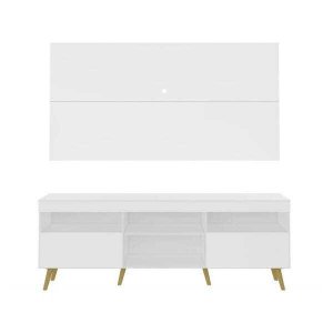 Rack com Painel e Suporte para TV até 65 Polegadas e Pés Retrô Flórida Multimóveis Branco/Natural