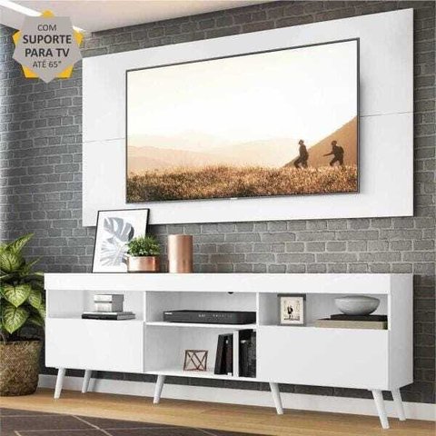 Rack com Painel e Suporte para TV até 65 Polegadas e Pés Retrô Flórida Multimóveis Branco