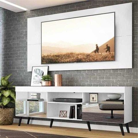 Rack com Painel para TV até 65 Polegadas, Espelho e Pés Retrô Flórida Multimóveis Branco/Preto