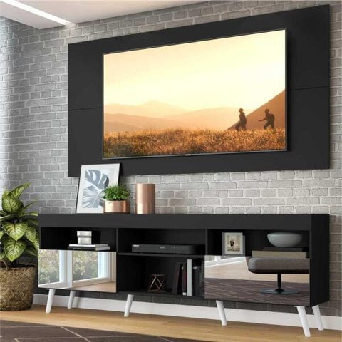 Rack com Painel para TV até 65 Polegadas, Espelho e Pés Retrô Flórida Multimóveis Preto/Branco