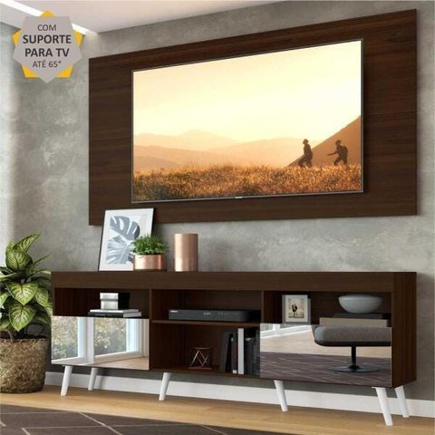Rack com Painel e Suporte para TV até 65 Polegadas com Espelho e Pés Retrô Flórida Multimóveis Duna/
