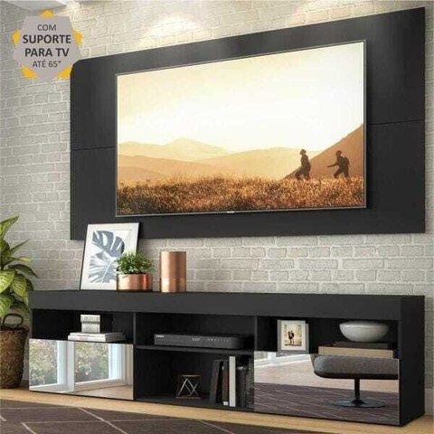 Rack com Painel e Suporte para TV até 65 Polegadas e Espelho Flórida Multimóveis Preto