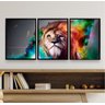 Kit 3 Quadros Decorativos Leão Juba Colorida 45x34cm - com Vidro:madeira Preta - 1
