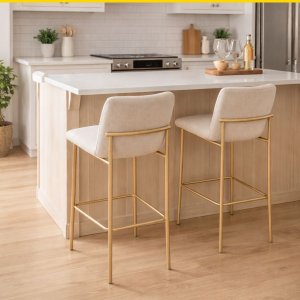Banqueta Alta Lisa Estofada em Linho Pé Aço Dourado Fosco Kit 2 Unidades