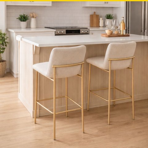 Banqueta Alta Lisa Estofada em Linho Pé Aço Dourado Fosco Kit 2 Unidades