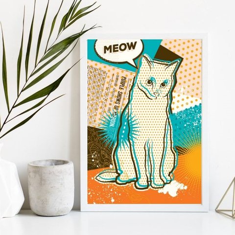 Quadro Decorativo Arte Gato Pop Art 33x24cm - com Vidro:madeira Branca