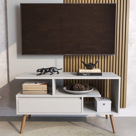 Rack Retrô para TV até 55 Polegadas MDF 90cm Pés em Madeira Maciça Aparador com Porta Nicho Prateleira Palito Retro