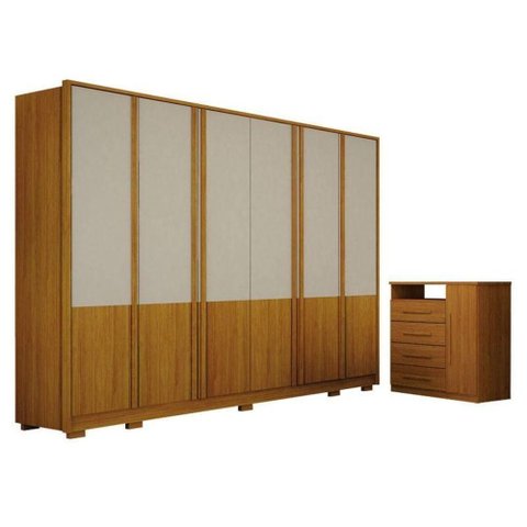 Guarda Roupa Casal Urban 6 Portas Off White com Cômoda Diamante 4 Gavetas 1 Porta Cinamomo - Leifer