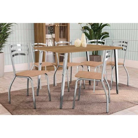 Conjunto: Mesa Sala Jantar Iguaçu c/ Tampo de Madeira 1.60cm + 6 Cadeiras Portugal Cromada/