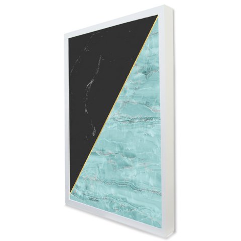 Quadro Decorativo Caixa Geométrico Mármore Preto e Azul Tacolado Moldura Caixa 3cm Madeira com Vidro