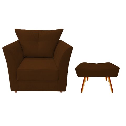 Kit Poltrona Decorativa Isis + Puff Retangular Suede Marrom Pés Madeira Ms Decor