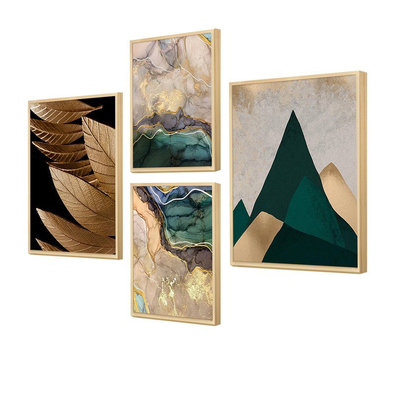 Kit 4 Quadros Decorativos para Ambientes de Escritório Folhas Douradas e Montanhas - 1