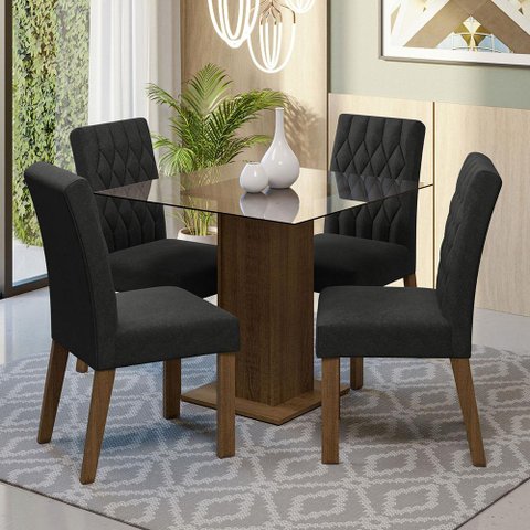 Conjunto Sala de Jantar Mesa Tampo de Vidro 4 Cadeiras Rustic/oxford Noemi Madesa