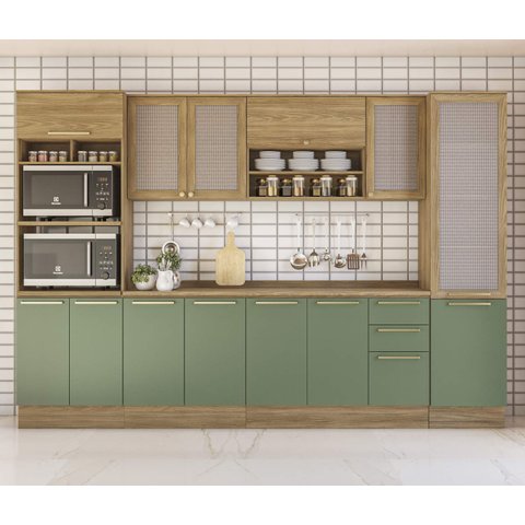 Armário de Cozinha Modulada Completa Reta 8 Peças 3,20m Botanic Kappesberg - Nogueira/verde Oliva
