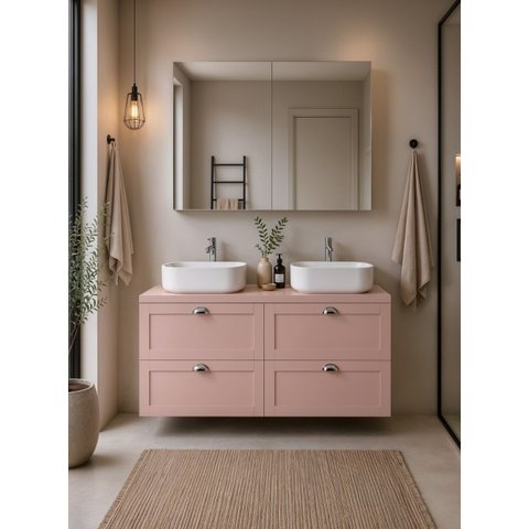 Gabinete para Banheiro com Tampo 2 Cubas e Armário 120cm Retro MDF Rosa Milano - On Móveis