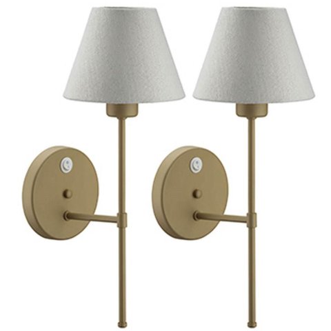 Kit 2 Abajures de Parede Dourados com Interruptor Arandelas Internas Tecido Natural Quartos