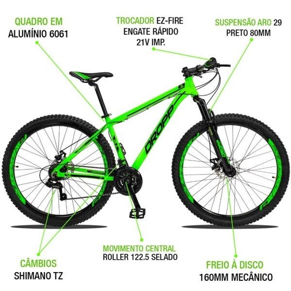 Bicicleta Aro 29 Quadro 17 Alumínio 21v Câmbio Shimano Freio Disco Hidráulico Z1 Verde - Dropp - 4