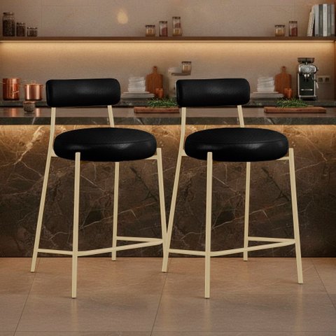 Banqueta Cozinha Média com Encosto Kit 2 Industrial Champanhe Londres PU Facto D03 - D'Rossi