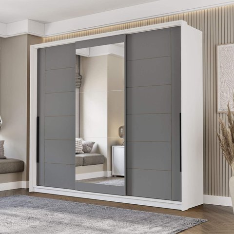 Guarda Roupa Casal 220cm 3 Portas de Correr com Espelho 240856 Lisboa Politorno Móveis