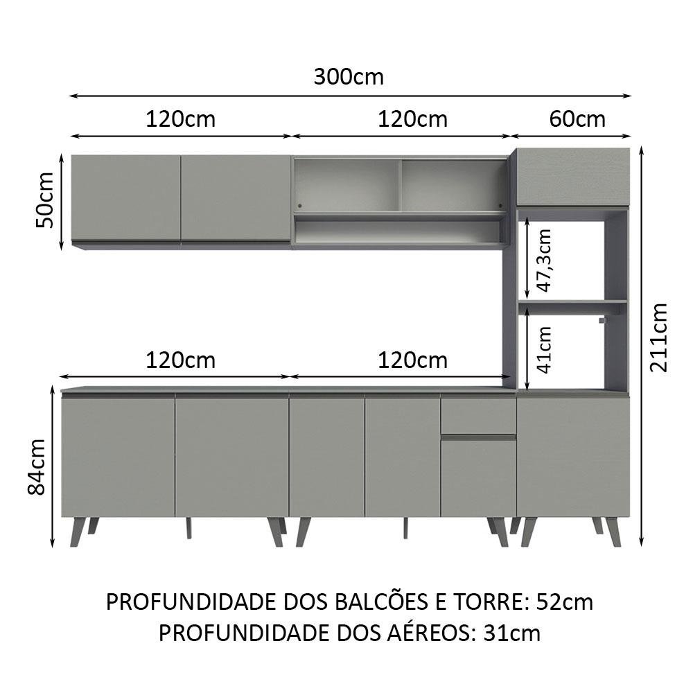 Armário de Cozinha Completa 300cm Cinza Nice Madesa 02 - 4