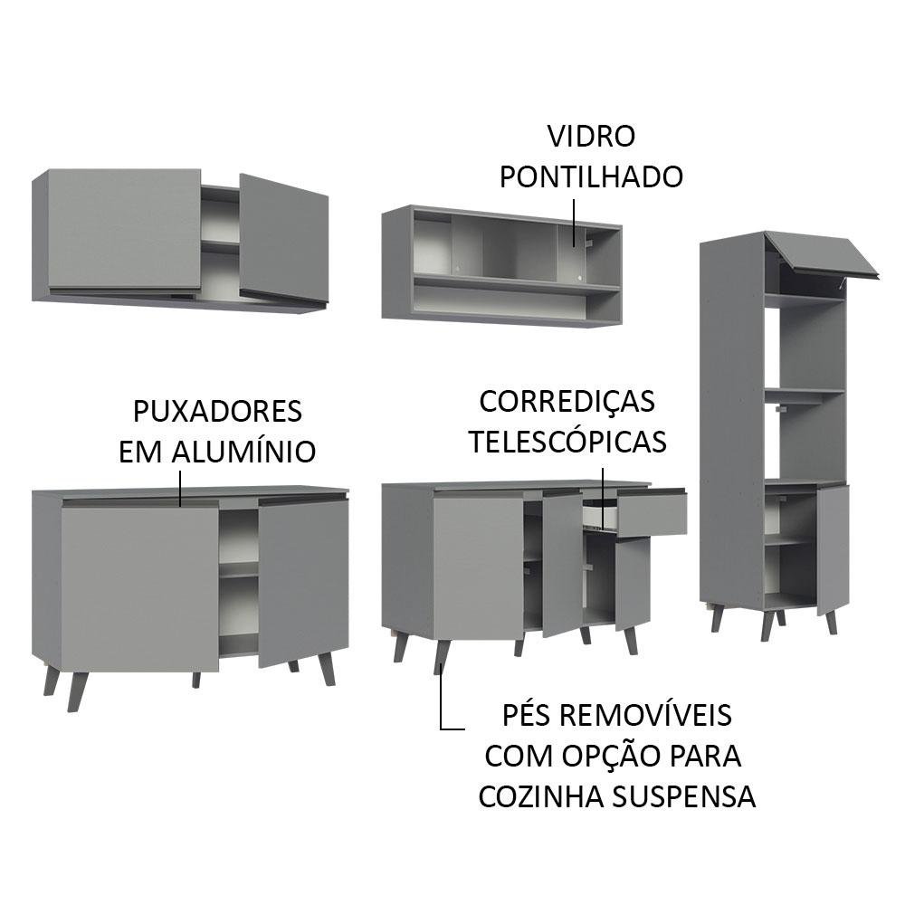 Armário de Cozinha Completa 300cm Cinza Nice Madesa 02 - 5