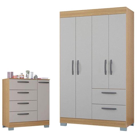 Cômoda 868 4 Gavetas e 1 Porta com Guarda Roupa Solteiro Tóquio 4 Portas Damasco Off White -