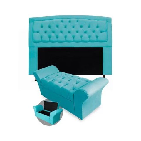 Kit Cabeceira Geovana e Calçadeira Veneza Solteiro 100cm Suede Renascer Decor:Azul Turquesa
