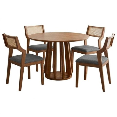Mesa de Jantar Redonda Pitanga com 4 Cadeiras Estofadas Acai Linho Grafite Natuem