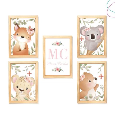 Kit 5 Quadros Decorativos Safari Baby Aquarela Menina:pinus