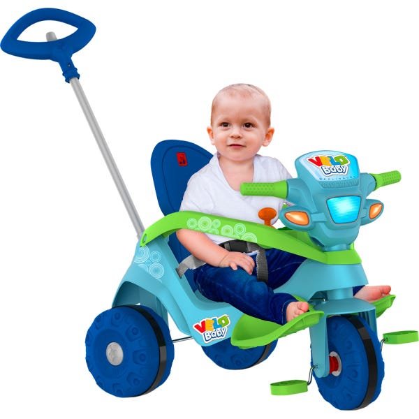 Triciclo Infantil Bandeirante Velobaby Reclinável - 2 em 1 - Pedal e  Passeio com Aro - Azul Claro