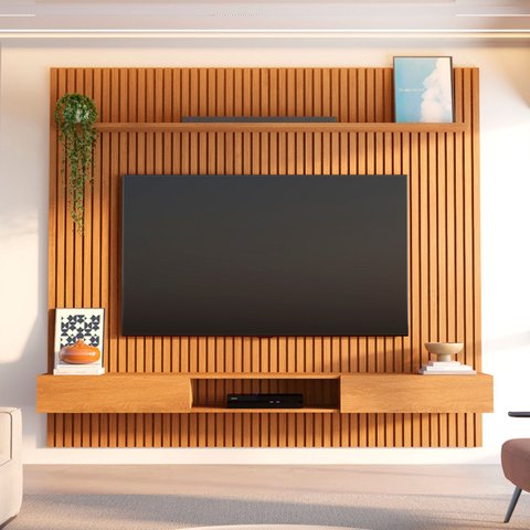 Painel  para TV até 85 Polegadas 100% MDF Ripado com Nicho 230x250cm Aloe CabeCasa MadeiraOriginals