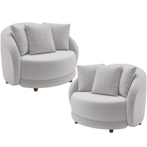 Kit 02 Poltronas Decorativas Base Fixa Pés Madeira Witta M03 Veludo Cinza - Lyam Decor