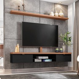 Bancada Suspensa 180cm com Prateleira e Suporte para TV até 60 Pol. Easy H01 Preto/Nature - Mpozenat - 1