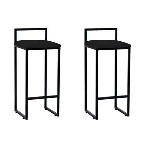 Kit 2 Banquetas Alta Industrial Premium Bar Cozinha Bistrô Aço Dori Preta Assento Suede Preto