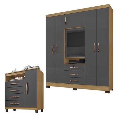 Guarda Roupa Casal Imperial com Cômoda Sapateira Cannes Carvalho Americano Grafite – Incorplac